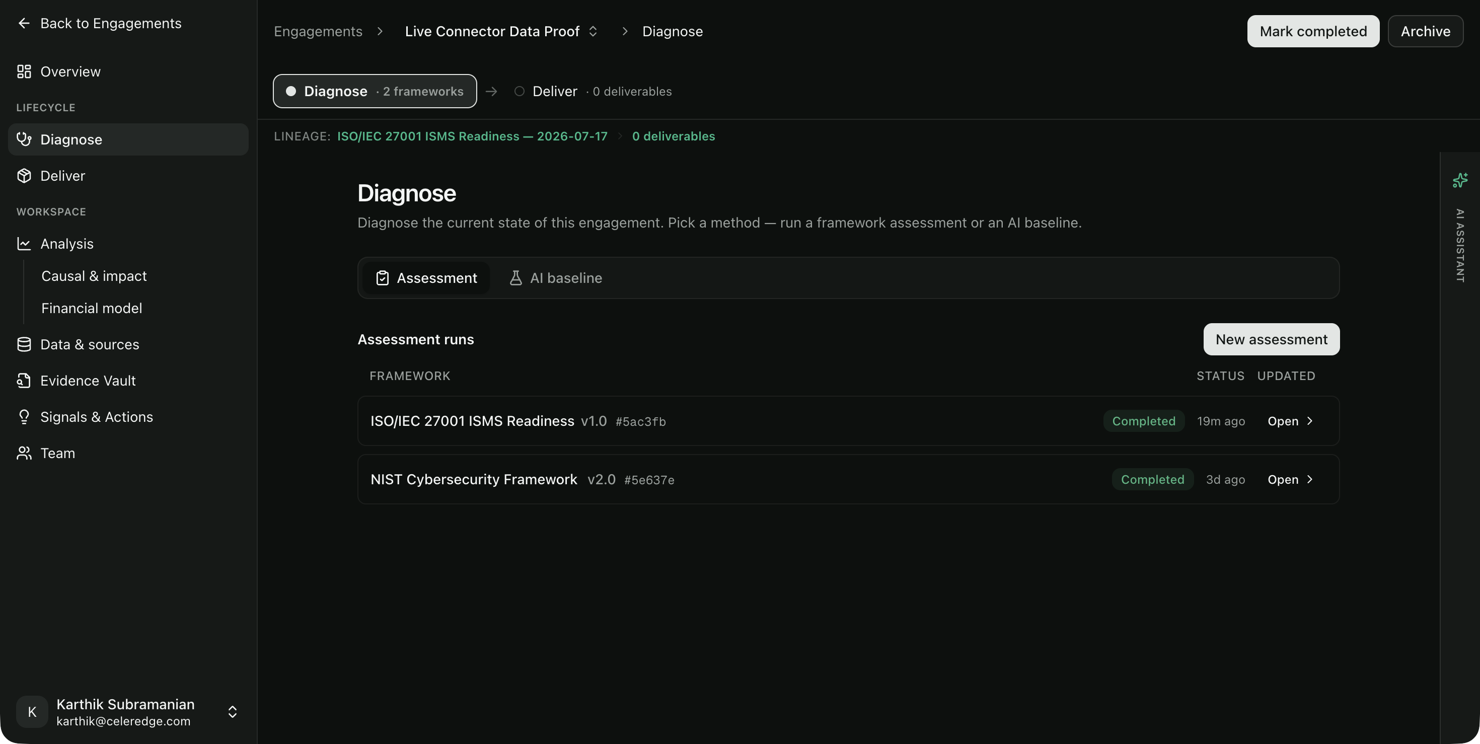 Diagnose — Assessment tab showing the list of past runs and the New assessment button
